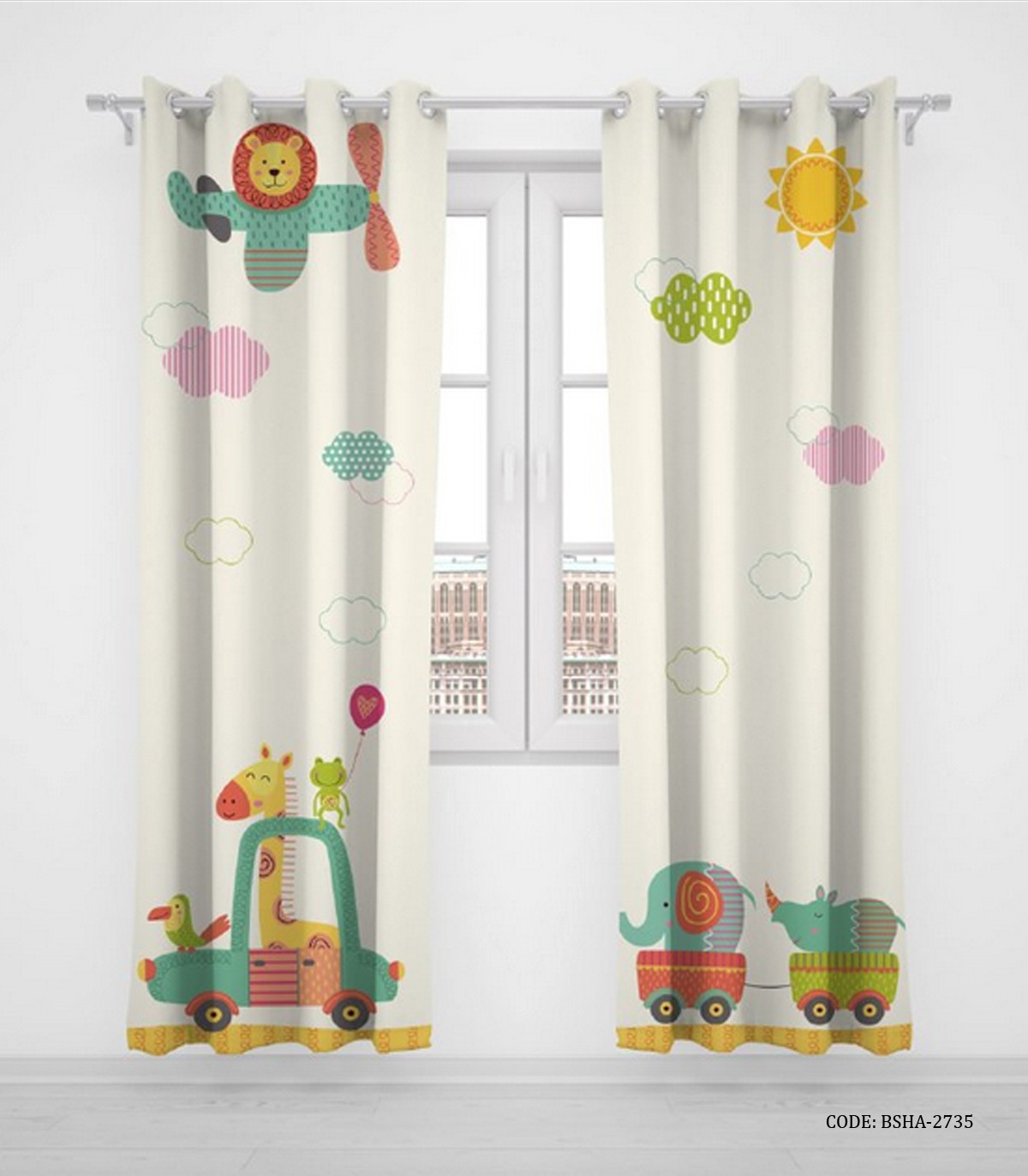 پرده پانچی کودکانه پسرانه دو تکه طرح ماشین مدل Animal Carnival