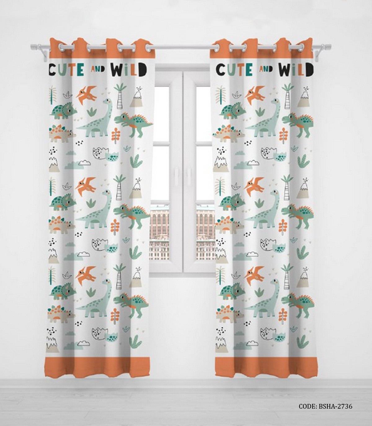 پرده پانچی اتاق کودک پسر دو تکه طرح دایناسوز مدل Cute and Whild
