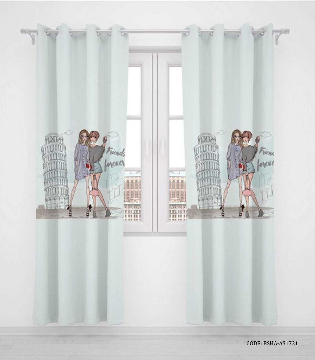 پرده پانچی دخترانه دو تکه طرح برج پیزا مدل Friends Love