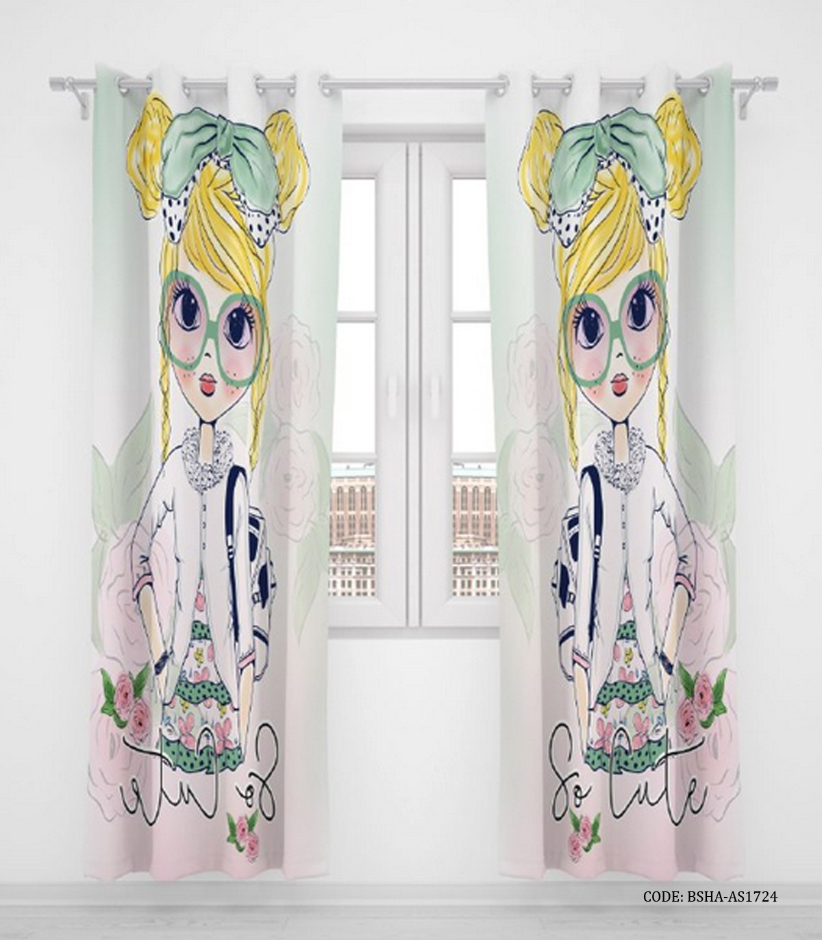 پرده پانچی دخترانه دو تکه طرح دختر مدل So Cute Girl