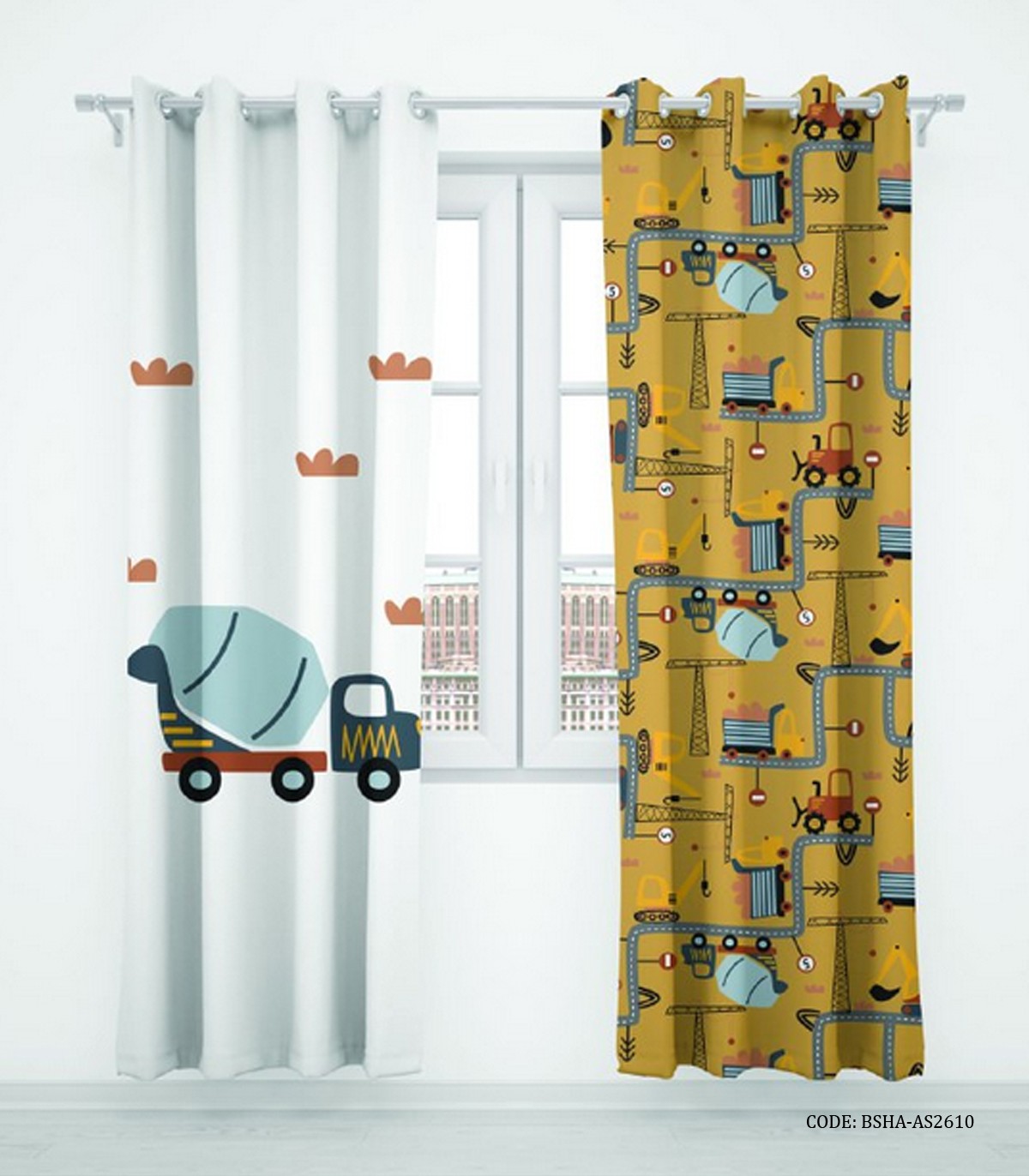 پرده پانچی کودک دو تکه پسرانه طرح جرثقیل مدل Vehicles