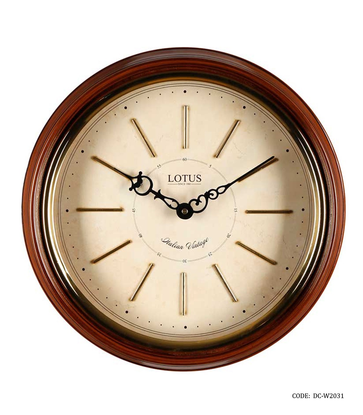 ساعت دیواری چوبی گرد رینگ طلایی لوتوس مدل HERFORD