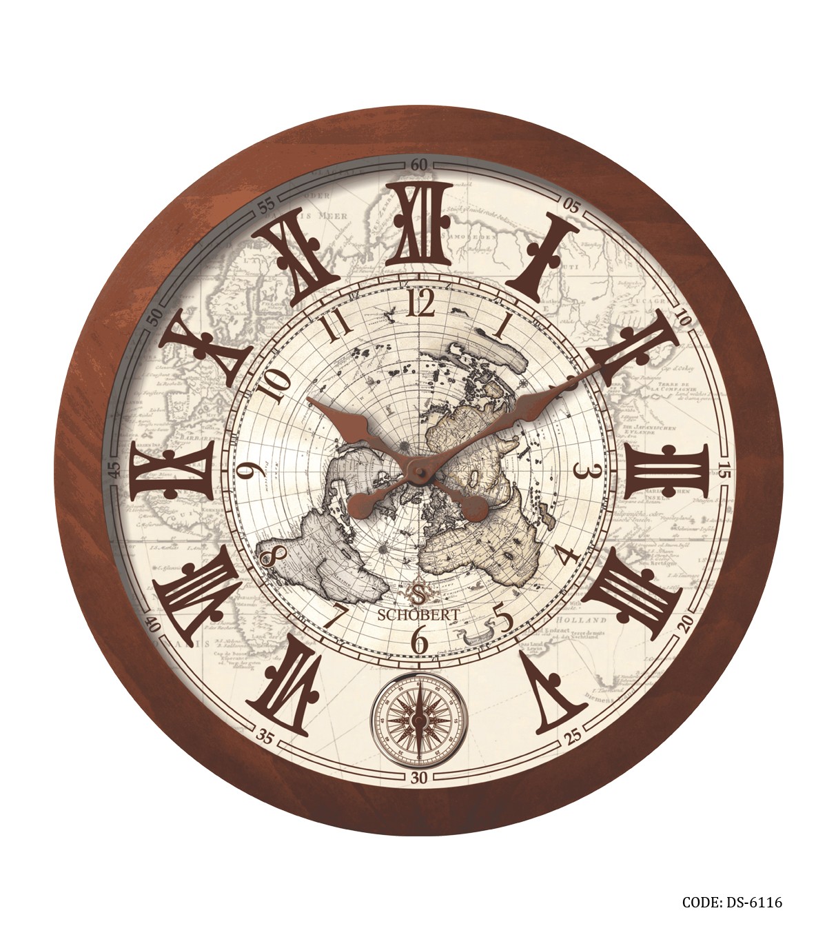 ساعت دیواری چوبی گرد با طرح نقشه جهان شوبرت مدل 6116
