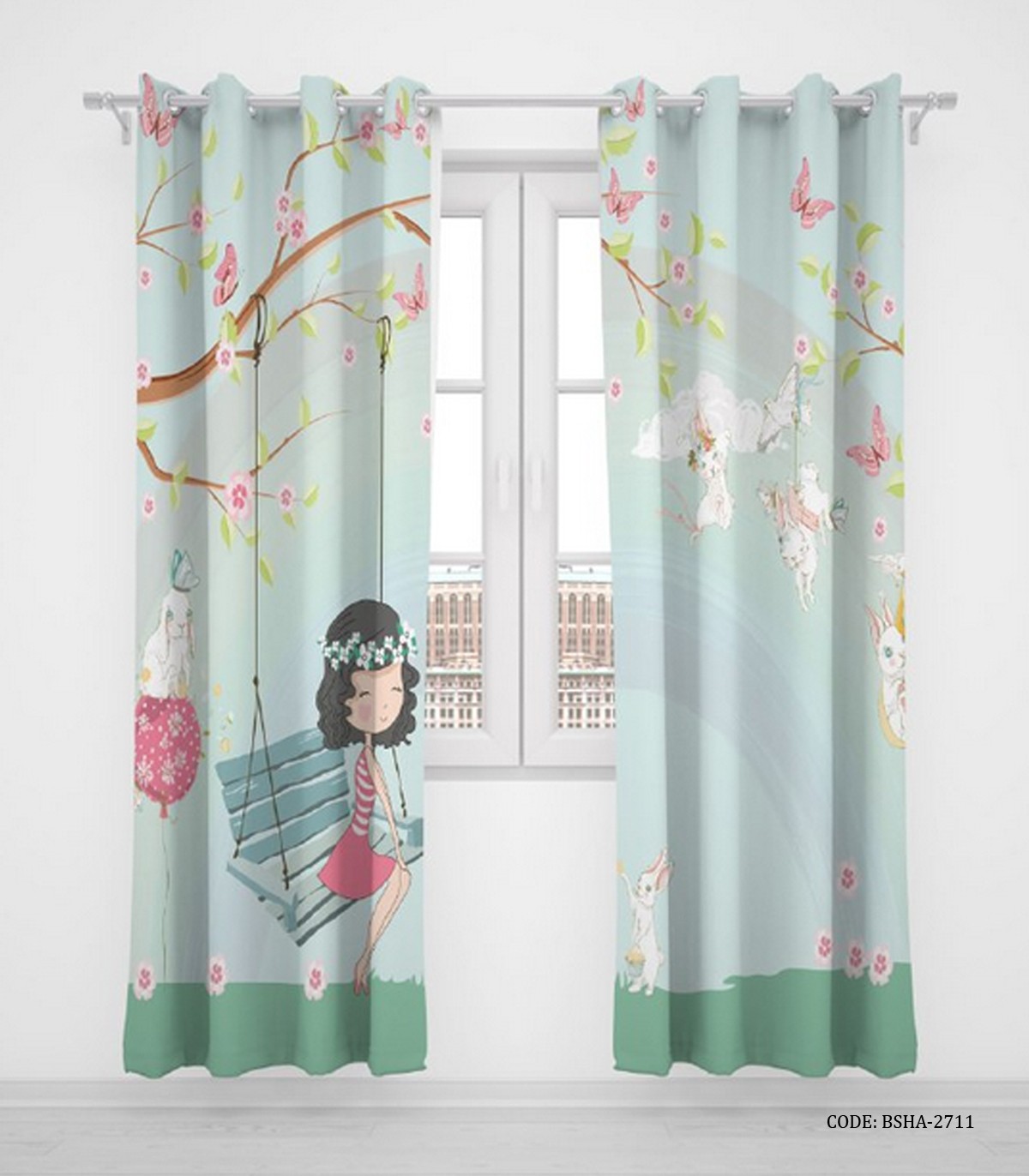 پرده اتاق دخترانه دو تکه پانچی مدل Spring Girl