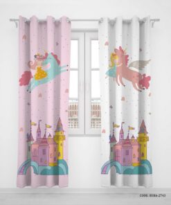 پرده پانچی دو تکه اتاق دخترانه طرح اسب تک شاخ یونی کورن مدل Dream City