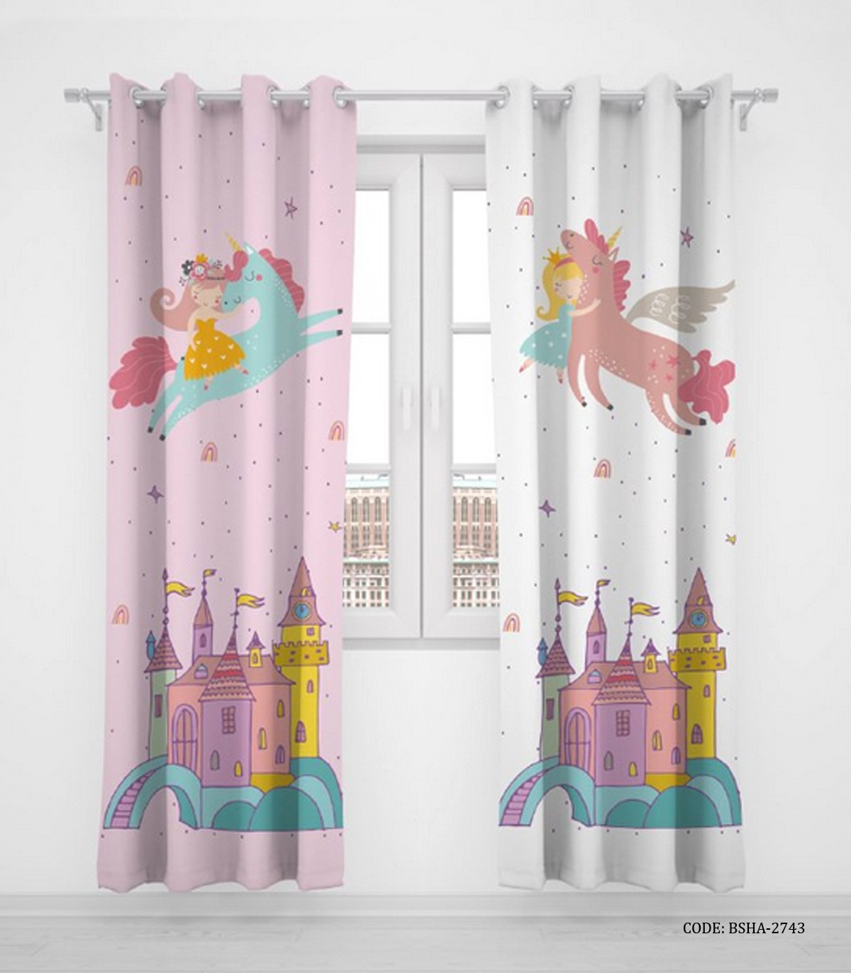 پرده پانچی دو تکه اتاق دخترانه طرح اسب تک شاخ یونی کورن مدل Dream City