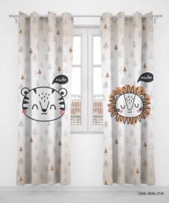 پرده پانچی دو تکه اتاق پسرانه طرح فیل، گربه و شیر مدل Hello
