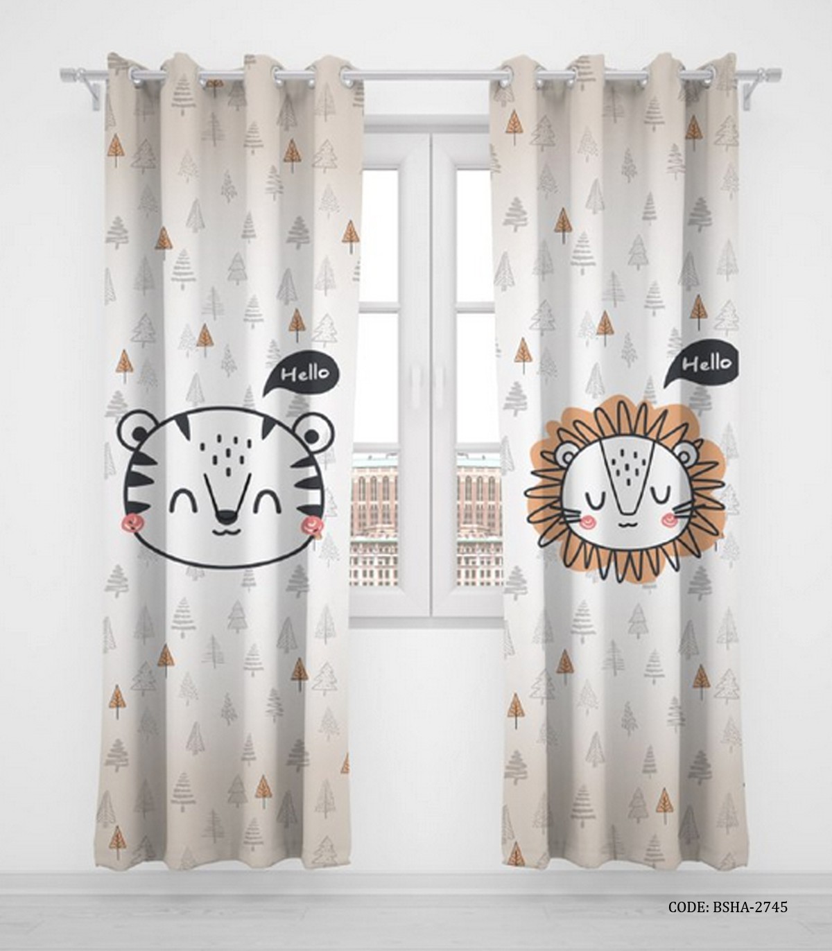 پرده پانچی دو تکه اتاق پسرانه طرح فیل، گربه و شیر مدل Hello