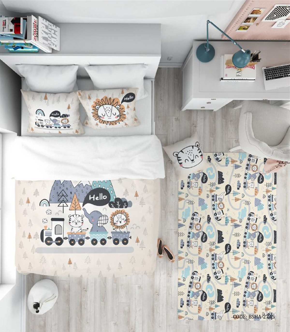 روتختی کودک پسرانه 4 تکه طرح فیل، گربه و شیر مدل Hello