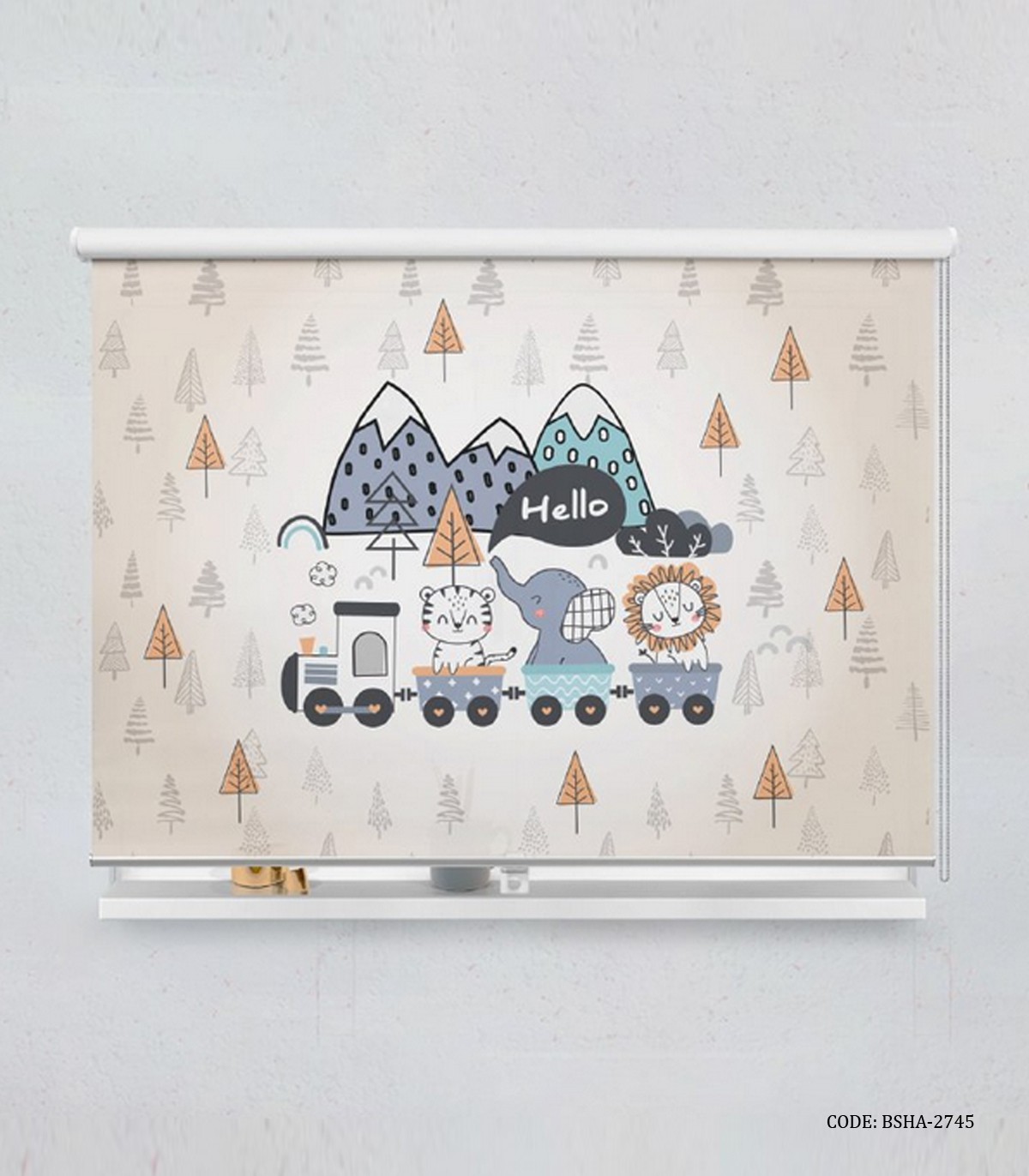 پرده شید اتاق پسرانه طرح فیل، گربه و شیر مدل Hello