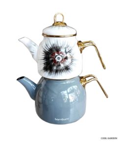 ست کتری قوری ترک دسته فلزی برند BAMBUM سفید طوسی مدل ایلمان