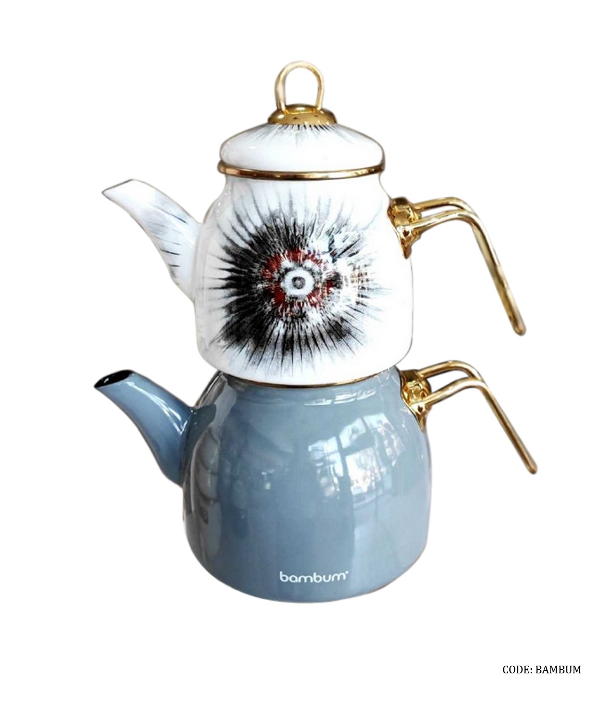 ست کتری قوری ترک دسته فلزی برند BAMBUM سفید طوسی مدل ایلمان