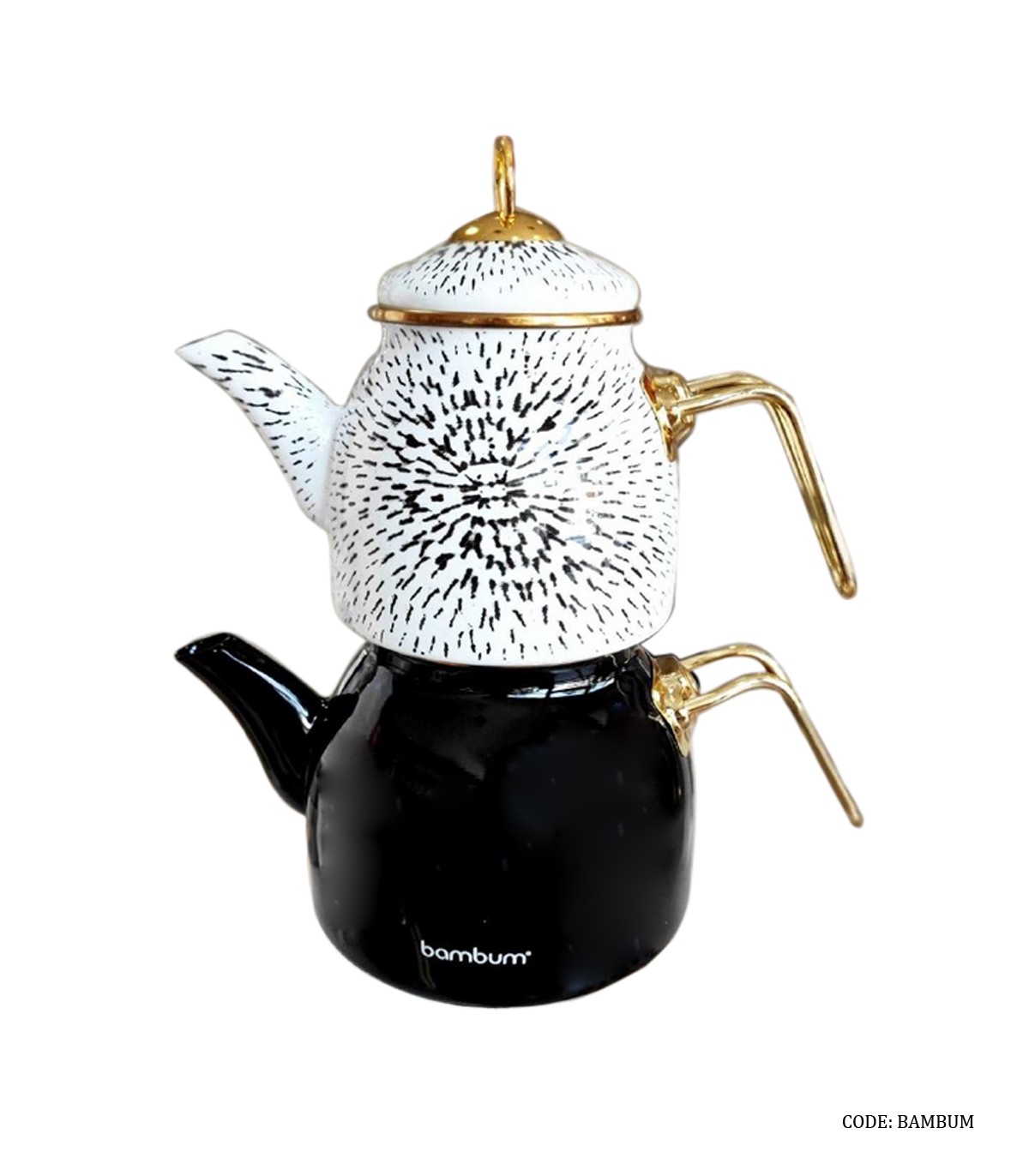 کتری و قوری لعابی ترک برند BAMBUM سفید مشکی مدل آراس