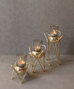 جاشمعی فلزی طلایی سه شعله گژک طرح لاله