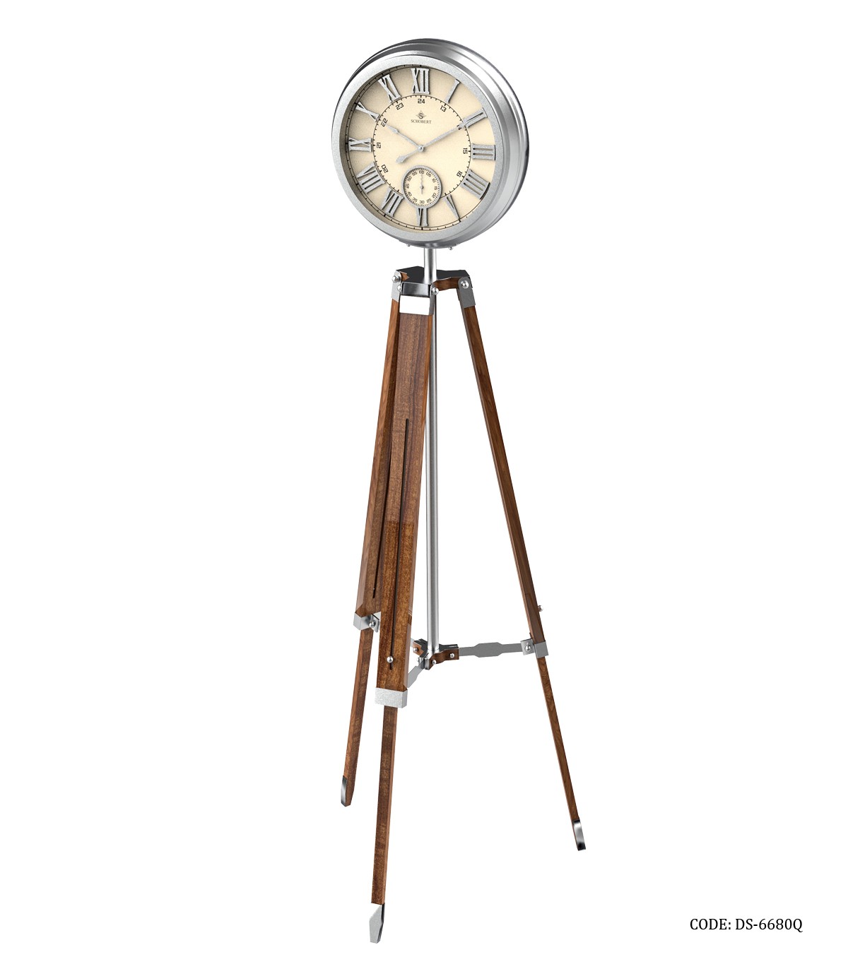 ساعت سه پایه سالنی شوبرت پایه چوبی فریم سیلور