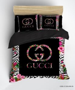 روتختی لحاف دوختدار طرح GUCCI با زمینه مشکی و گل هار رنگارنگ