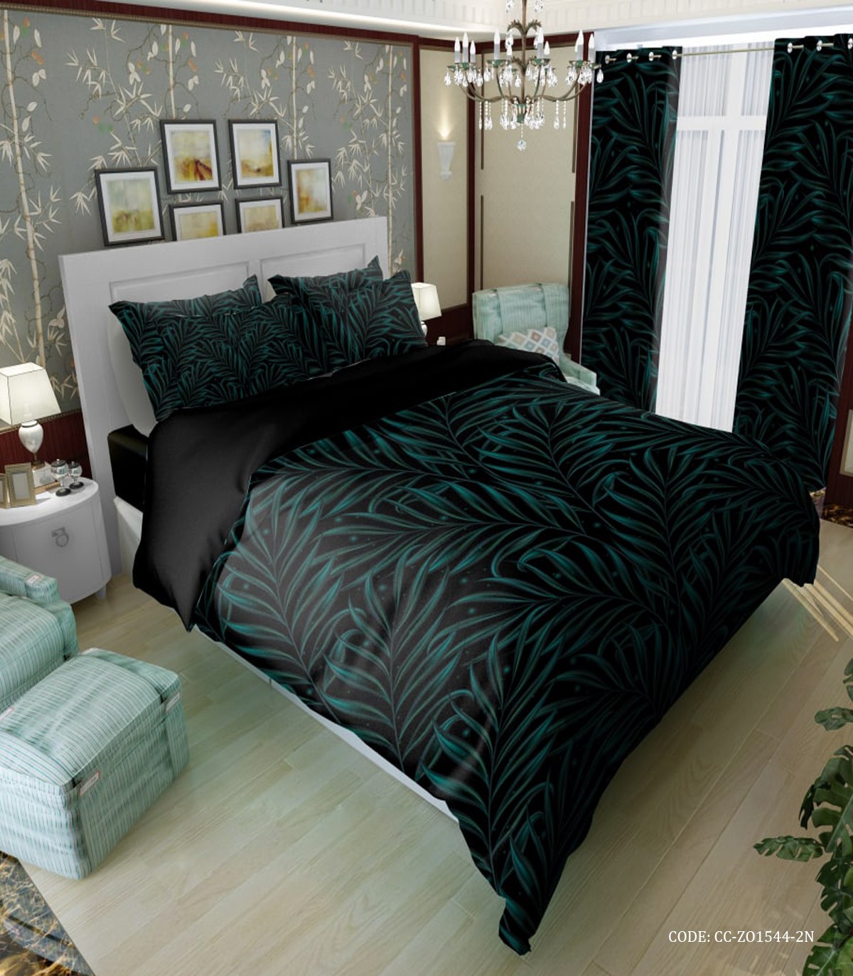 سرویس روتختی مشکی طرح هاوایی با برگ های بامبو