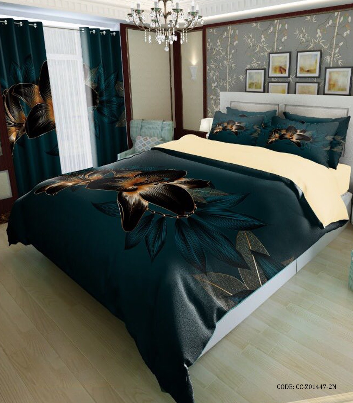 سرویس لحاف روتختی دوختدار طرح گل زمینه سبز آبی تیره مدل سلدا