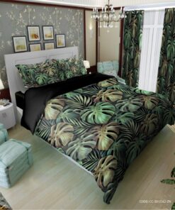 سرویس روتختی لحاف دوختدار طرح هاوایی زمینه مشکی برگ انجیری