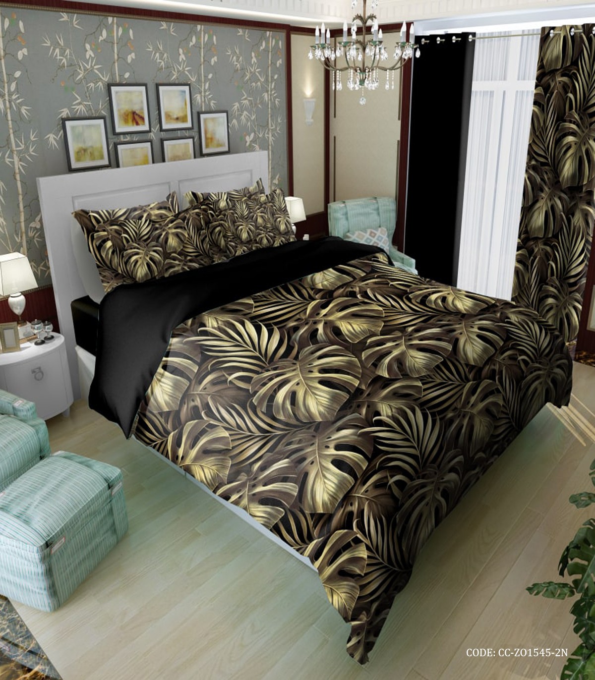 روتختی طرح هاوایی برگ انجیزی مشکی طلایی