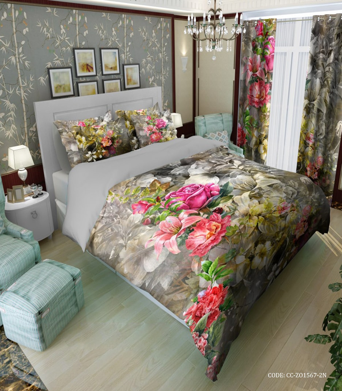 سرویس روتختی طوسی گل دار مدل آوان