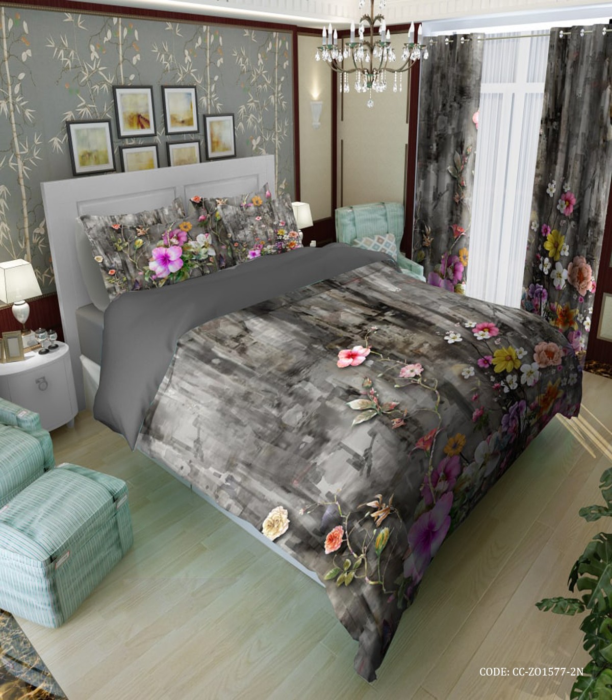 سرویس روتختی طوسی گل دار مدل سانا