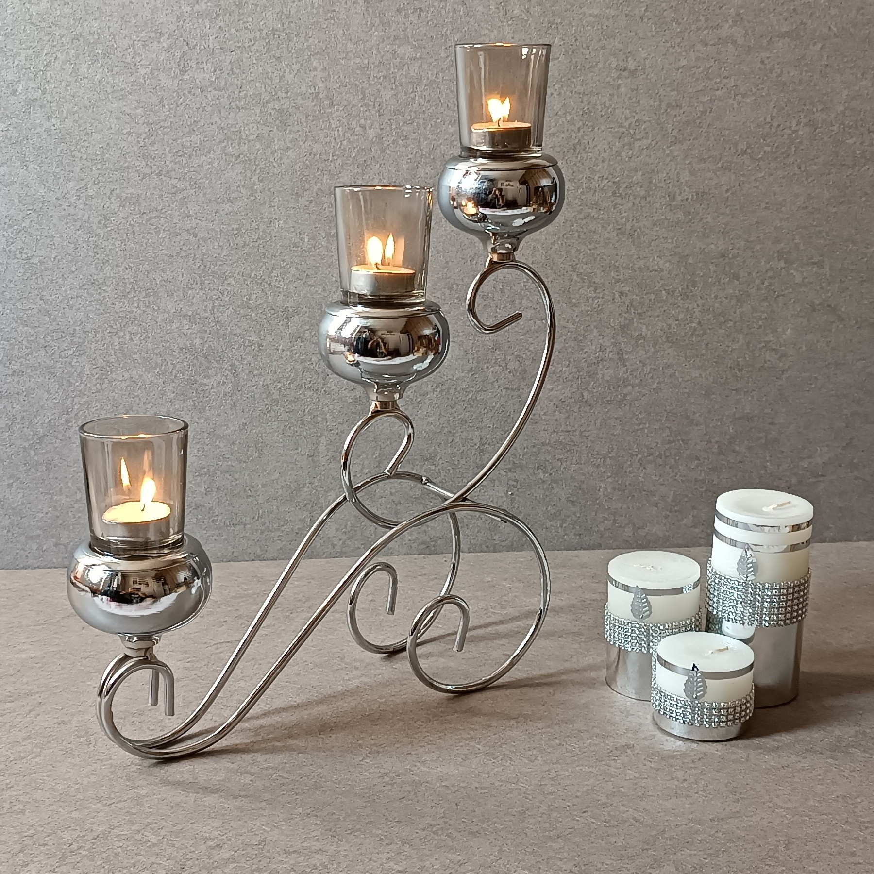 جاشمعی فلزی نقره ای سه شعله گژک مدل کالسکه