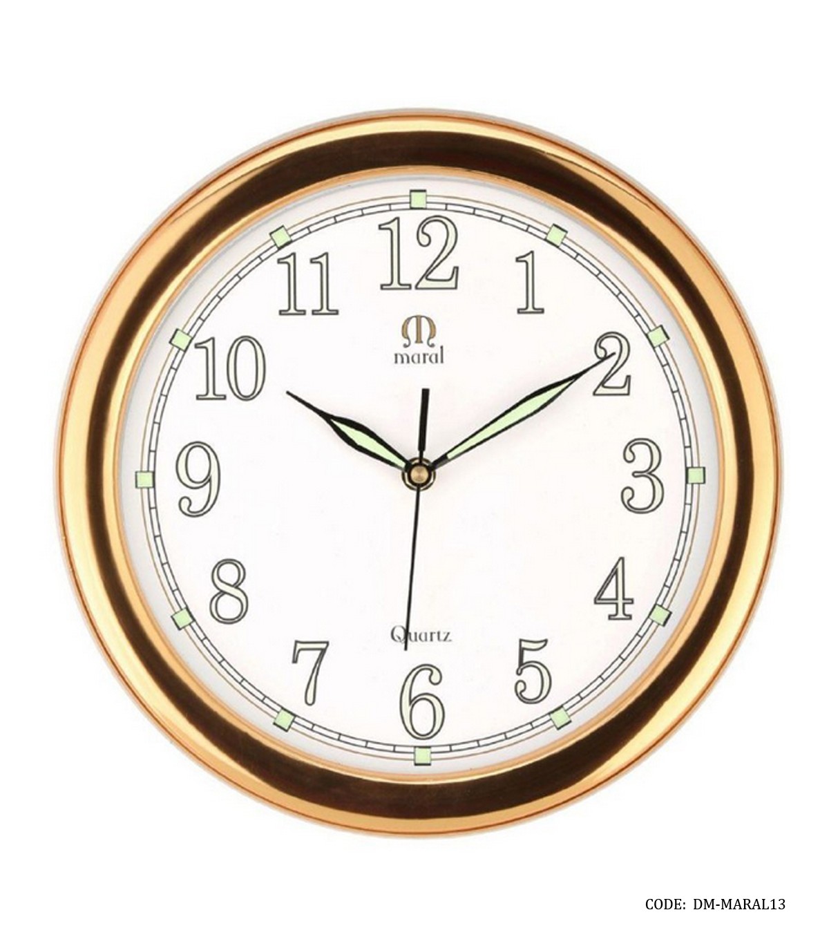 ساعت گرد دیواری قاب پلاستیکی مارال صفحه شب نما طلایی