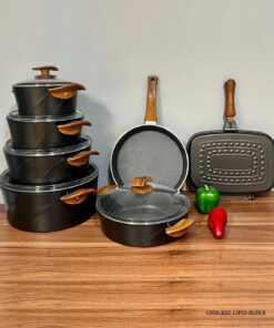 سرویس قابلمه گرانیتی 13 پارچه بیزیم رنگ مشکی با دسته طرح چوب