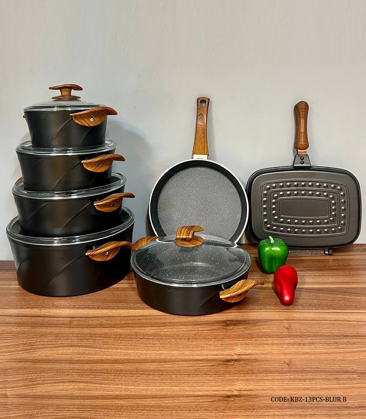 سرویس قابلمه گرانیتی 13 پارچه بیزیم رنگ مشکی با دسته طرح چوب