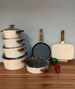 سرویس قابلمه گرانیتی 13 پارچه بیزیم رنگ کرم با دسته طرح چوب