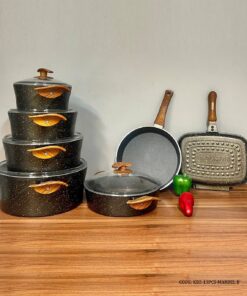 سرویس قابلمه گرانیتی 13 پارچه بیزیم رنگ ماریل با دسته طرح چوب