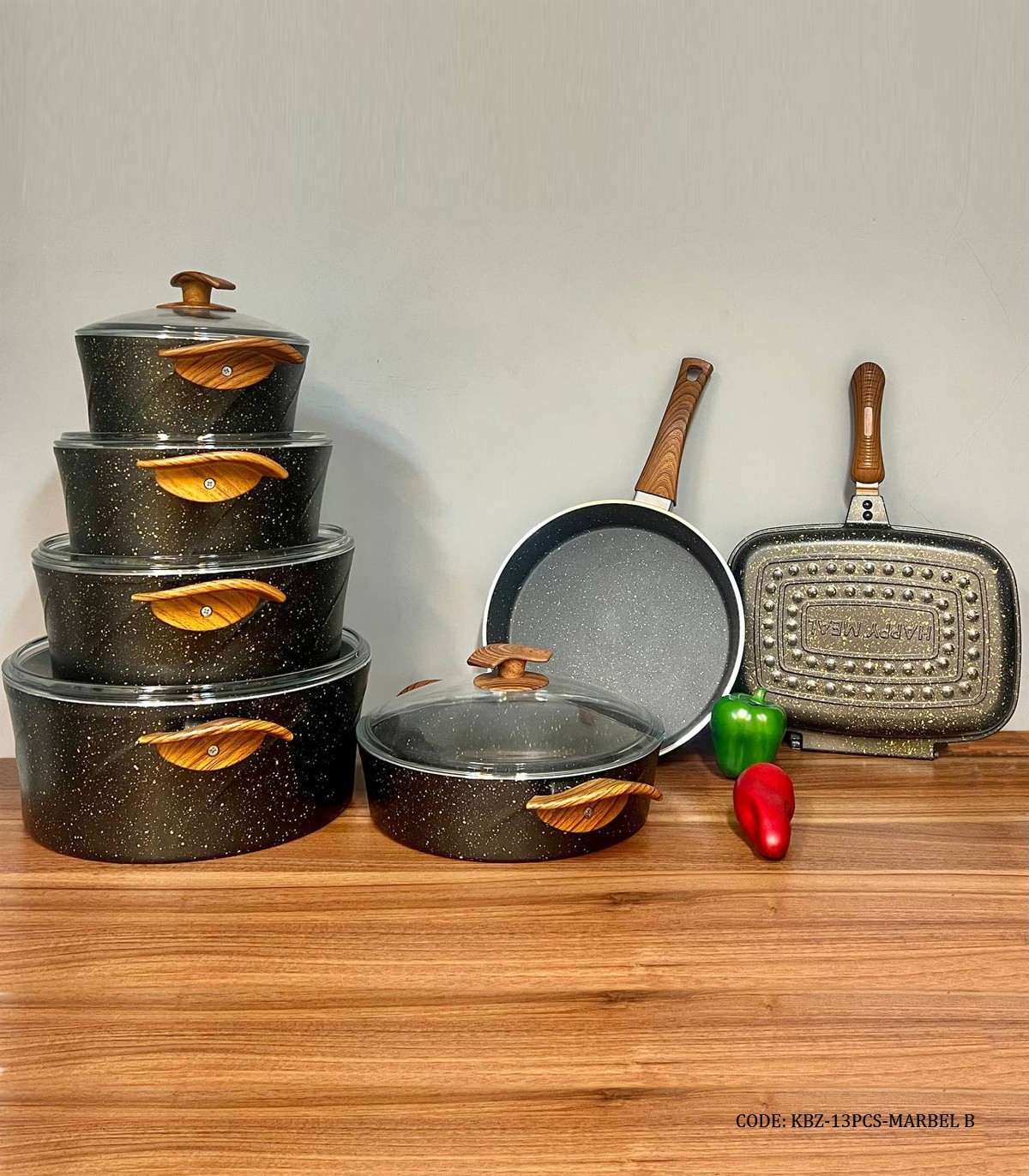 سرویس قابلمه گرانیتی 13 پارچه بیزیم رنگ ماریل با دسته طرح چوب