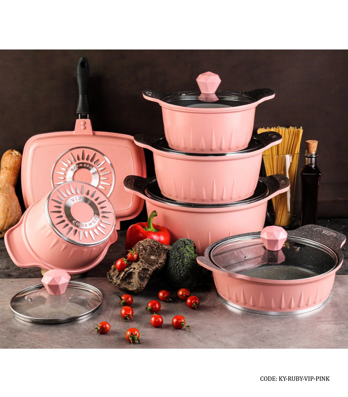 سرویس قابلمه گرانیتی 11 پارچه VIP رنگ صورتی