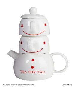 سرویس چای خوری دو نفره قوری و دو کاپ سرامیکی مدل لبخند قرمز