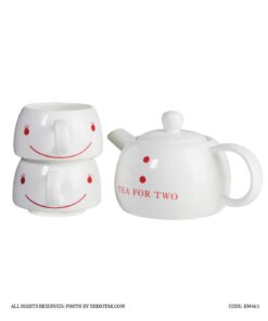 سرویس چای خوری دو نفره قوری و دو کاپ سرامیکی مدل لبخند قرمز
