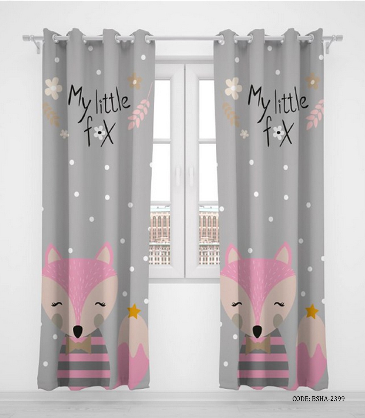 پرده پانچی دو تکه اتاق کودک دخترانه طرح روباه مدل My Little Fox