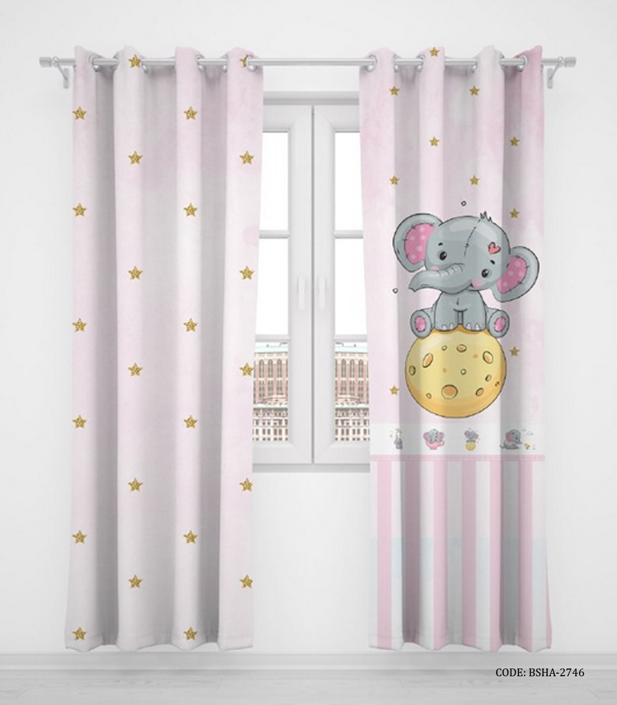 پرده پانچی دو تکه اتاق کودک دخترانه طرح فیل مدل Little Elephant