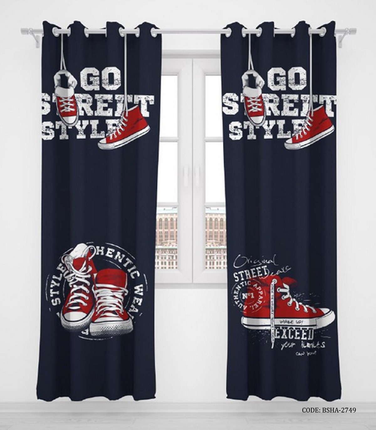 پرده پانچی دو تکه اتاق کودک پسرانه طرح کتونی مدل Street Style