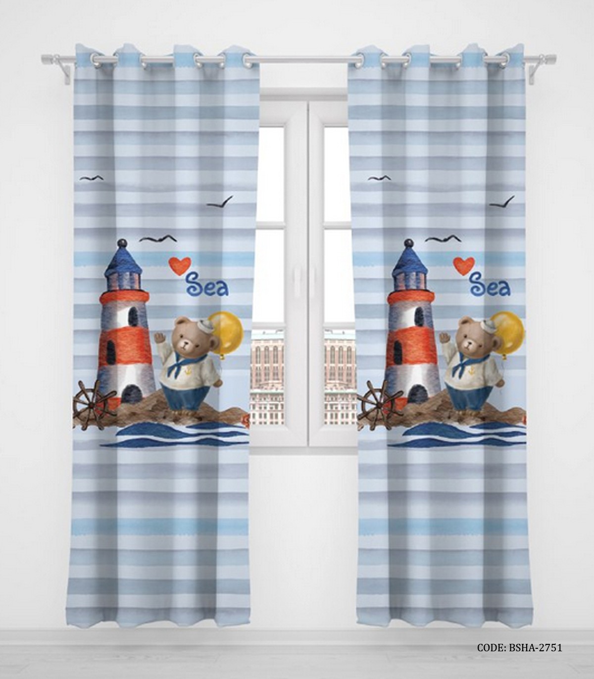 پرده پانچی دو تکه اتاق کودک پسرانه طرح خرس ملوانی مدل Sailor Bear