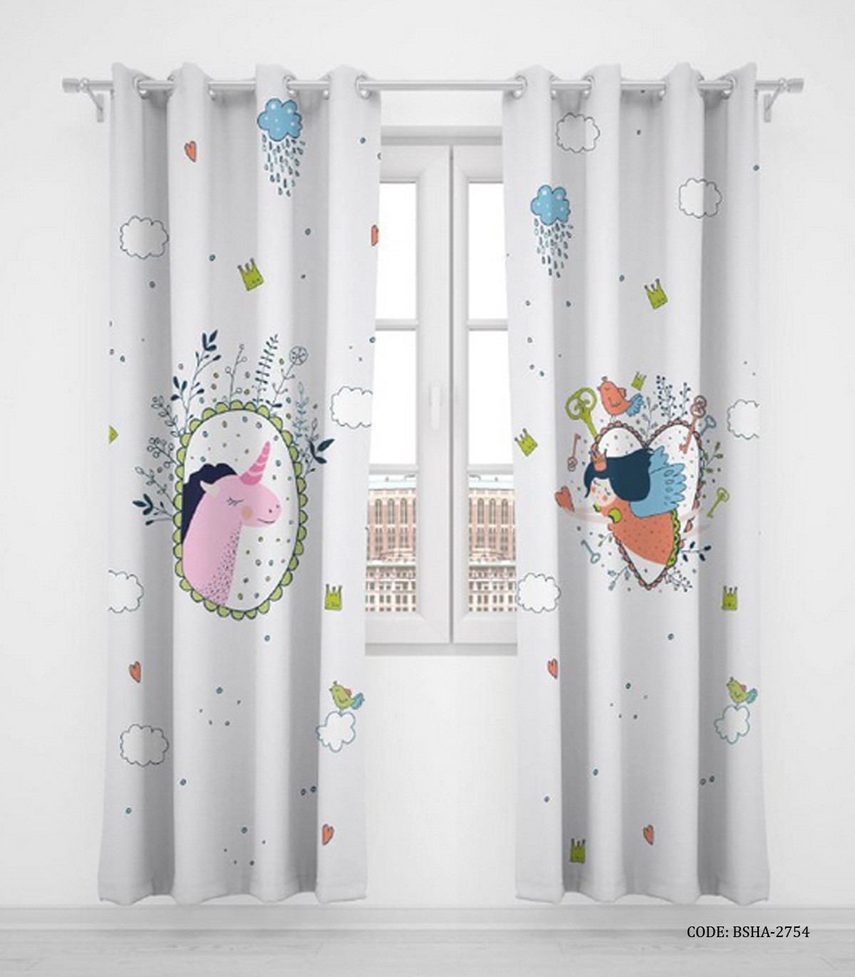 پرده پانچی دو تکه اتاق کودک دخترانه اسب تک شاخ مدل Unicorn