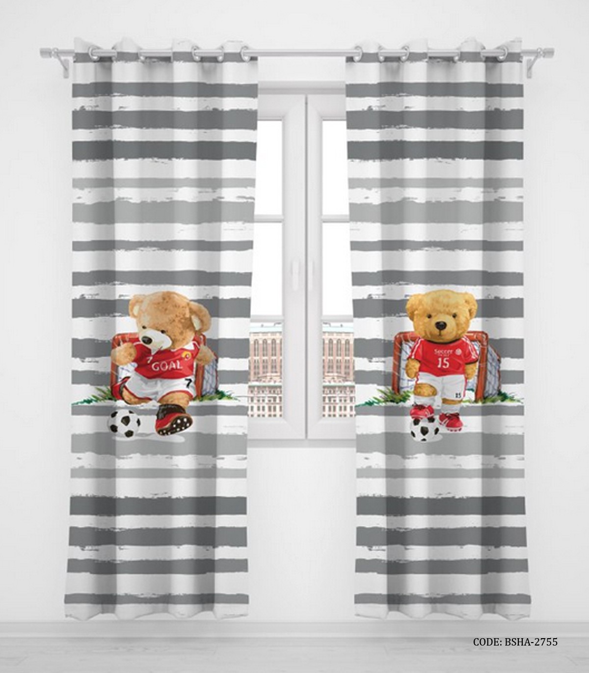 پرده پانچی دو تکه اتاق کودک پسرانه طرح خرس مدل Sooccer Player