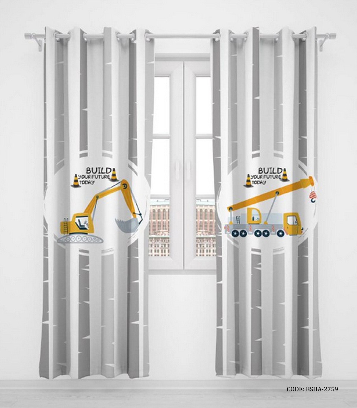 پرده پانچی دو تکه اتاق کودک پسرانه طرح جرثقیل مدل Build Your Future