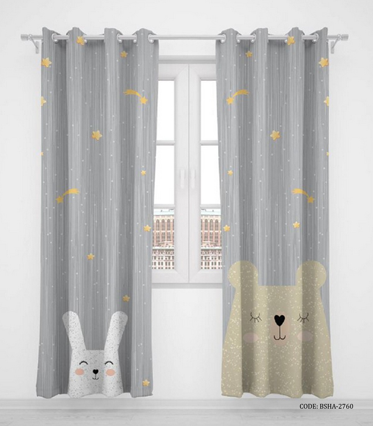 پرده پانچی دو تکه اتاق کودک پسرانه طرح خرگوش و خرس مدل Happy Rabbit