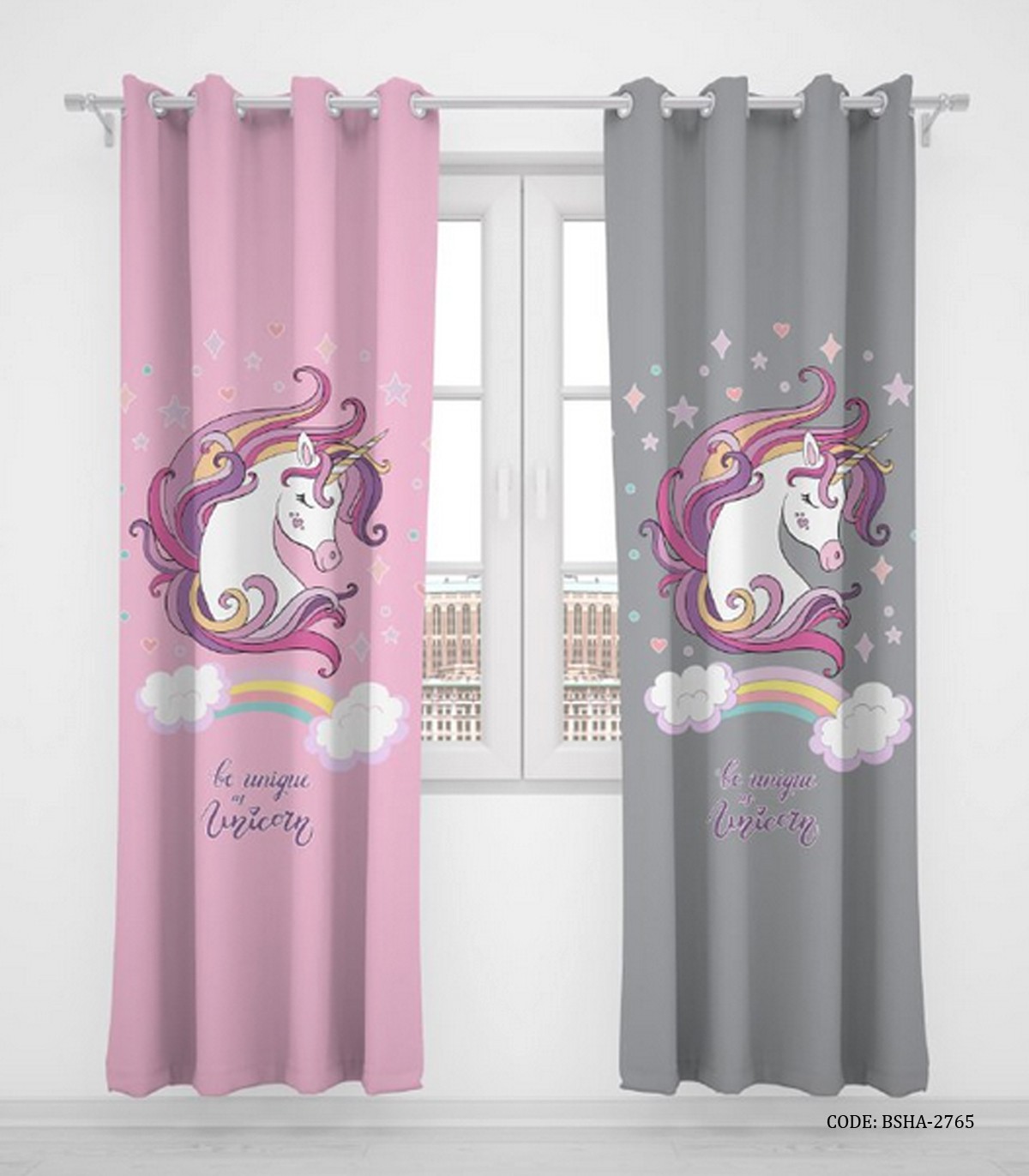 پرده پانچی دو تکه اتاق کودک دخترانه اسب تک شاخ مدل Lovely Unicorn