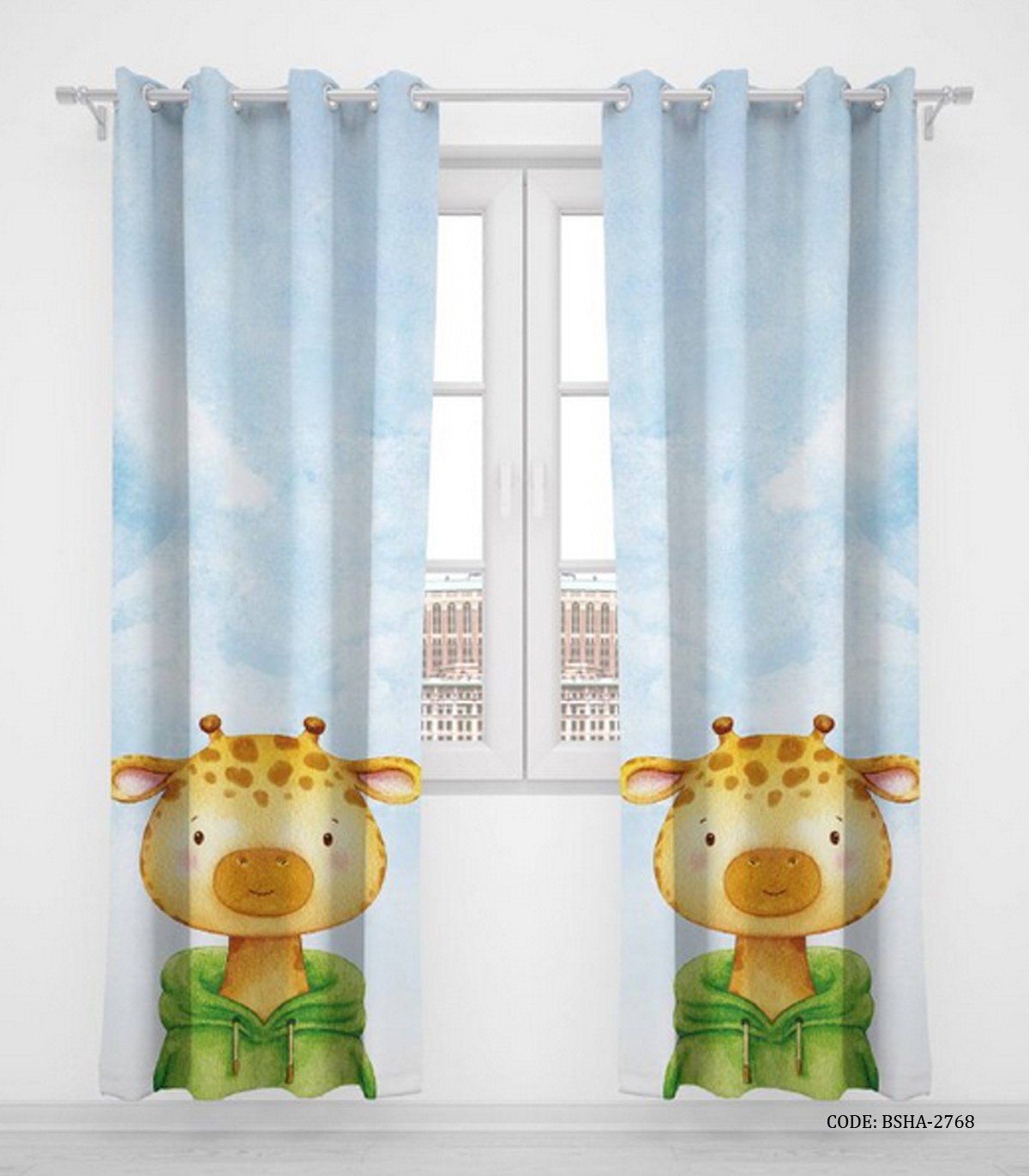 پرده پانچی دو تکه اتاق کودک پسرانه طرح زرافه مدل Lovely Giraffe
