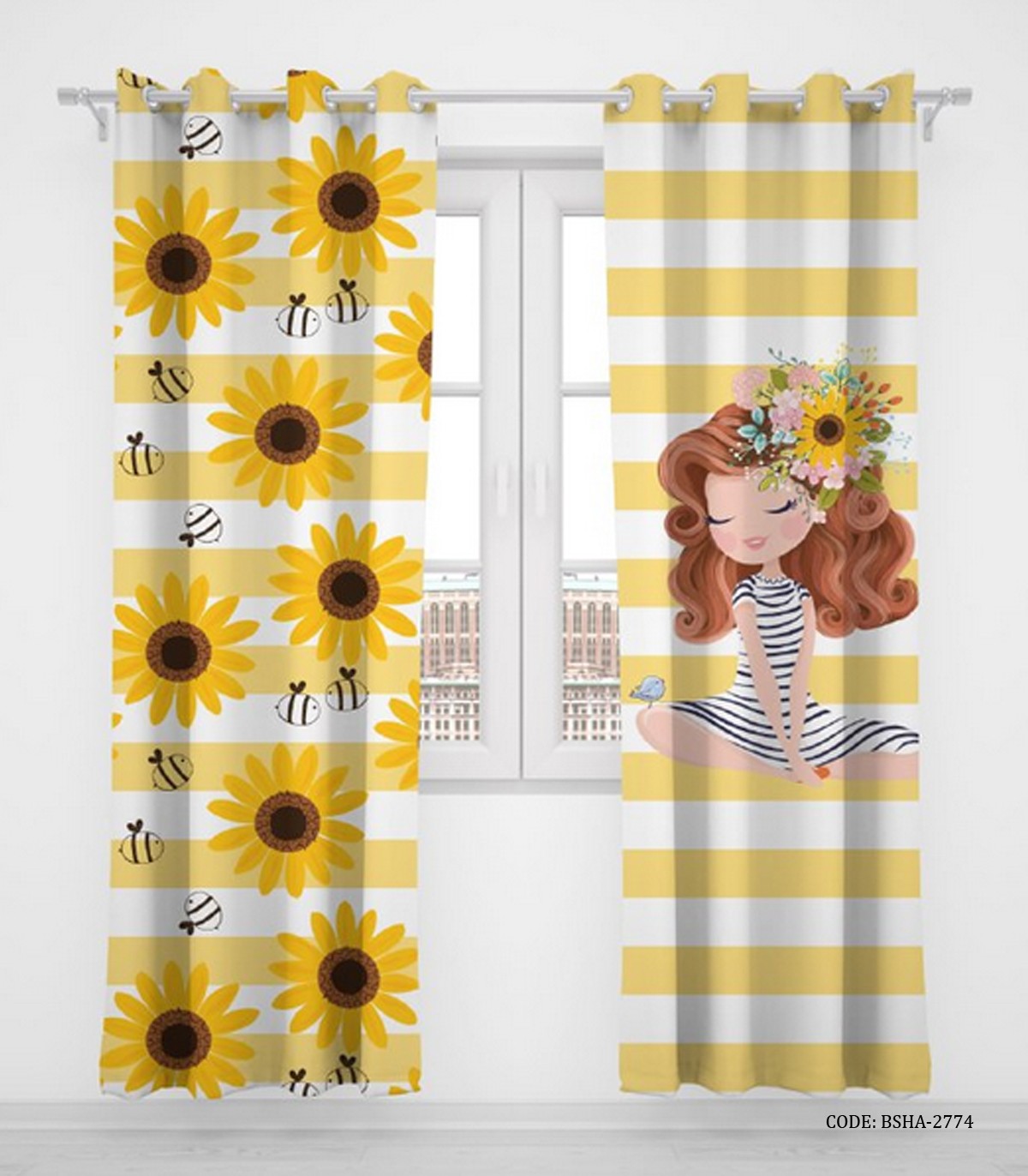 پرده پانچی دو تکه اتاق کودک دخترانه گل آفتابگردان مدل Sunflower