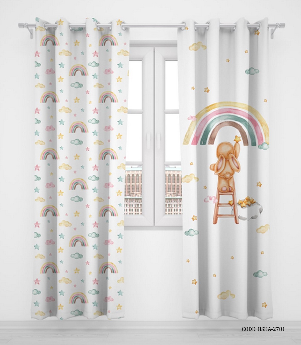 پرده پانچی دو تکه اتاق کودک دخترانه طرح خرگوش مدل Cute Rabbit