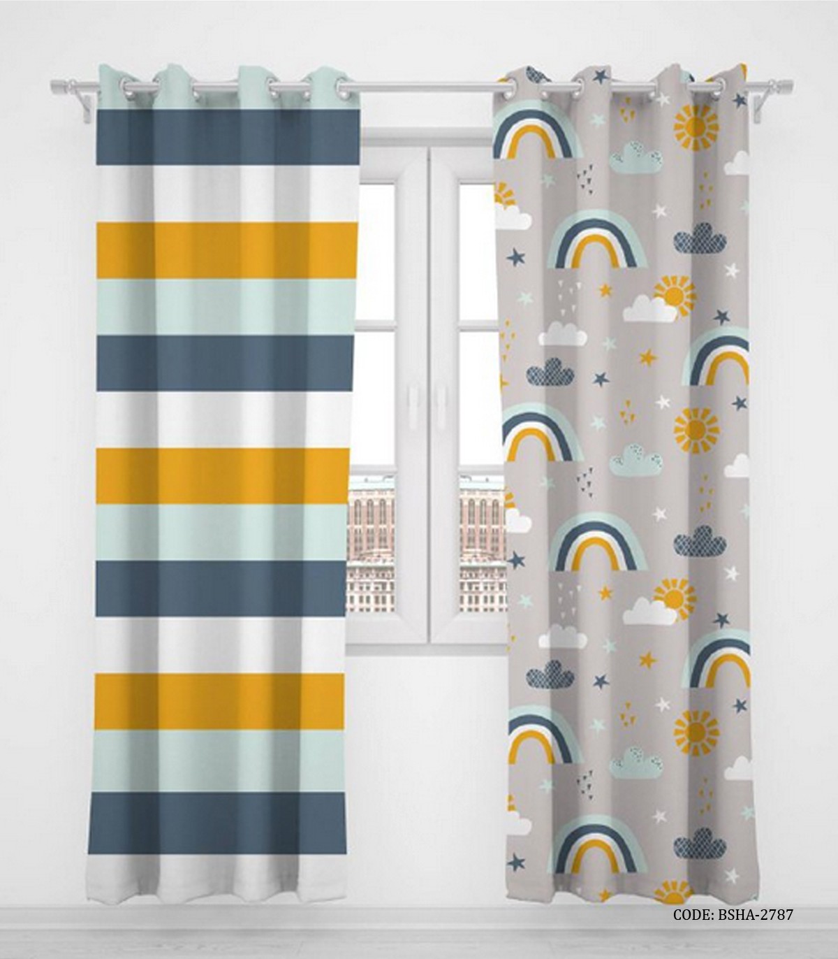 پرده پانچی دو تکه اتاق کودک پسرانه طرح رنگین کمان مدل Sky