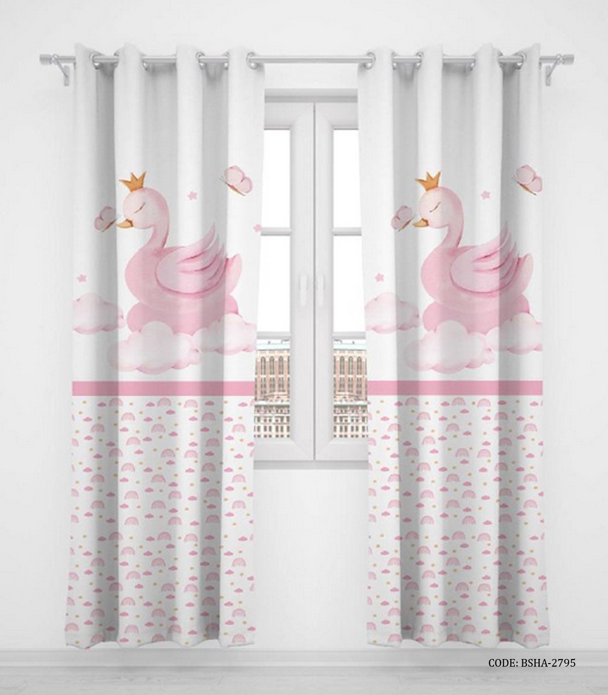 پرده پانچی دو تکه اتاق کودک دخترانه طرح قو مدل Lovely Swan